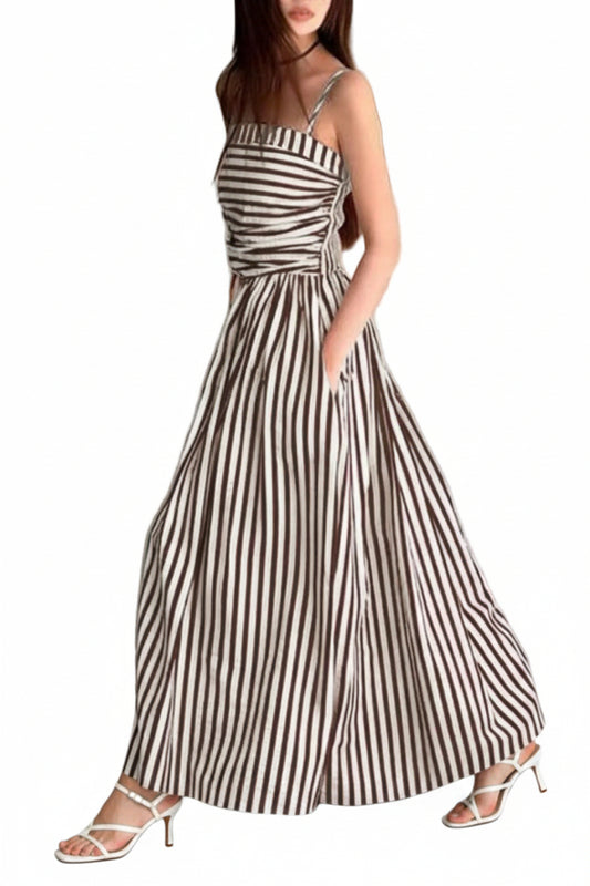 Vestido Maxi Halter de Rayas con Bolsillos | Off White y Marrón