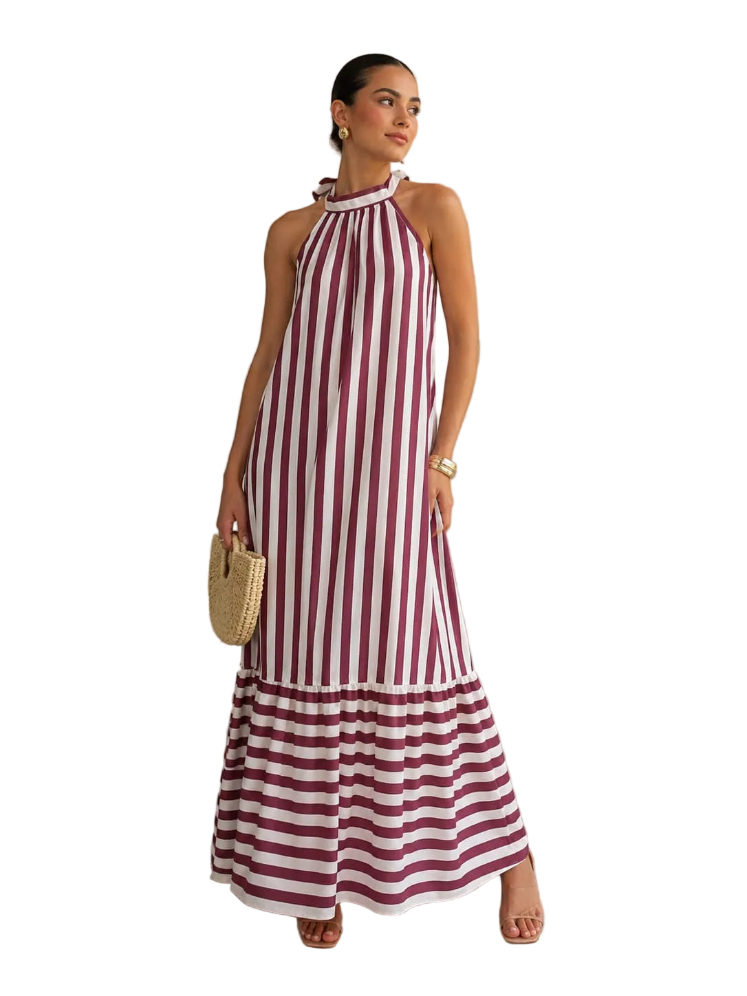 Vestido Halter Maxi Rayas Rosa y Blanco  Italiano