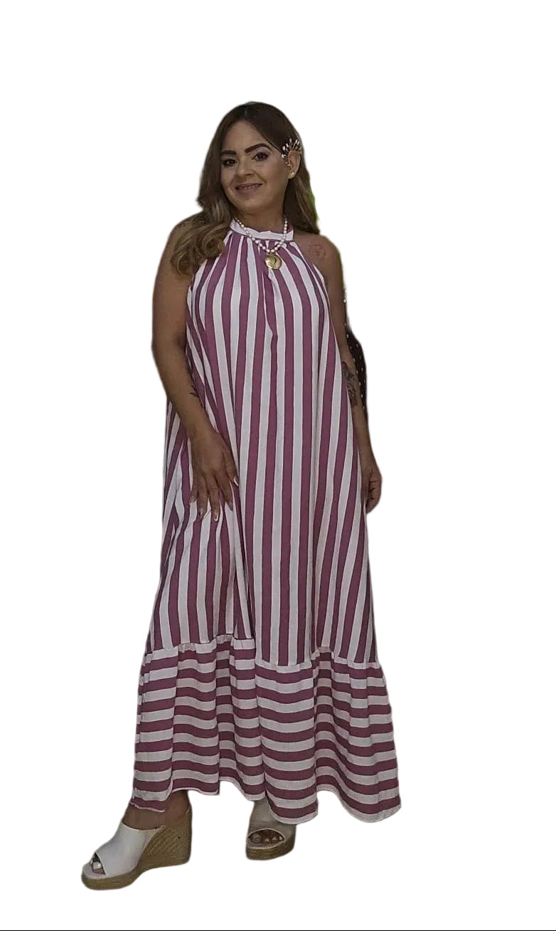 Vestido Halter Maxi Rayas Rosa y Blanco  Italiano