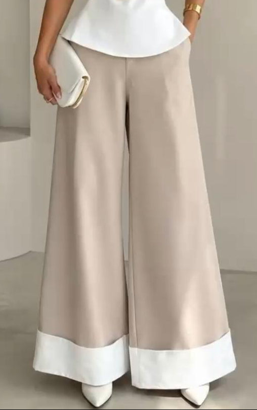 Beige Wide-Leg Pants with White Cuff