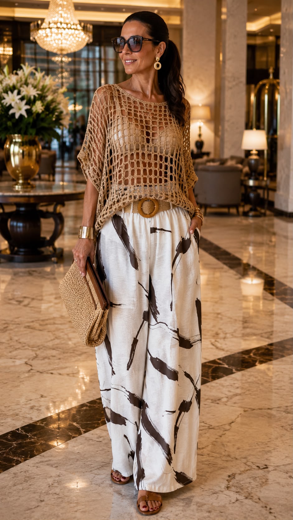 Poncho de crochet dorado con pantalón palazzo blanco con print negro
