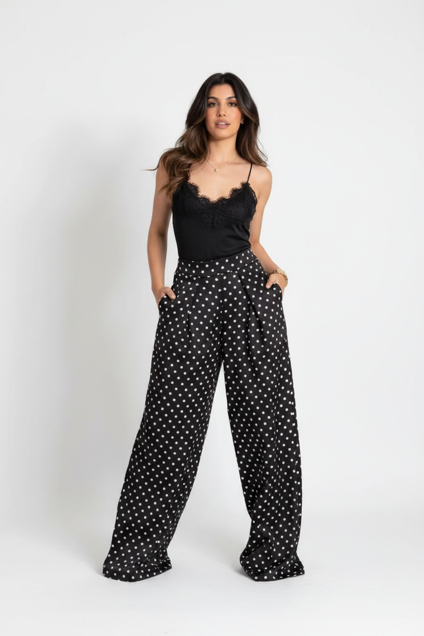 Black Polka Dot Wide Leg Pants on Model