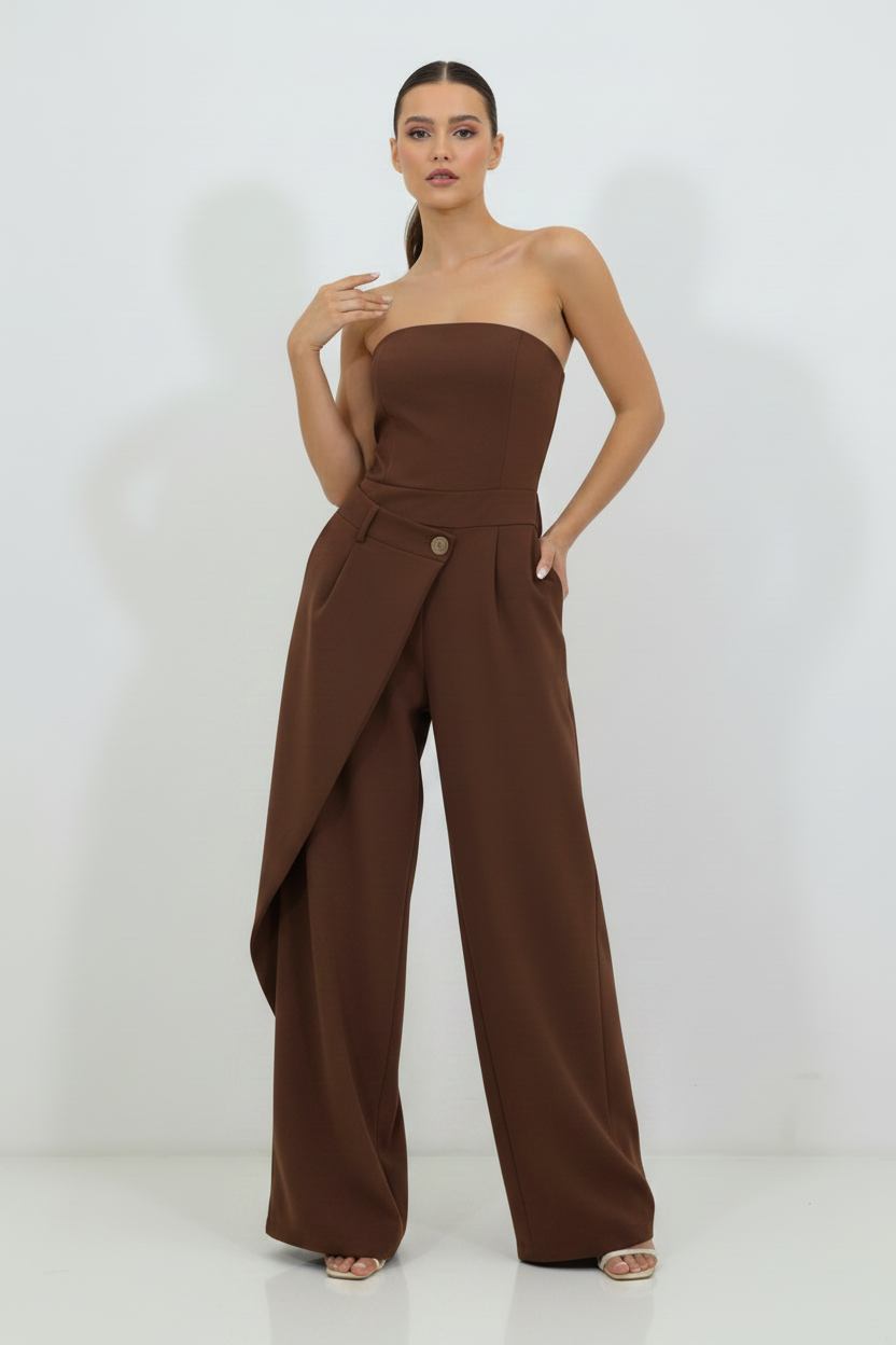 Brown Strapless Wide Leg Jumpsuit on Model