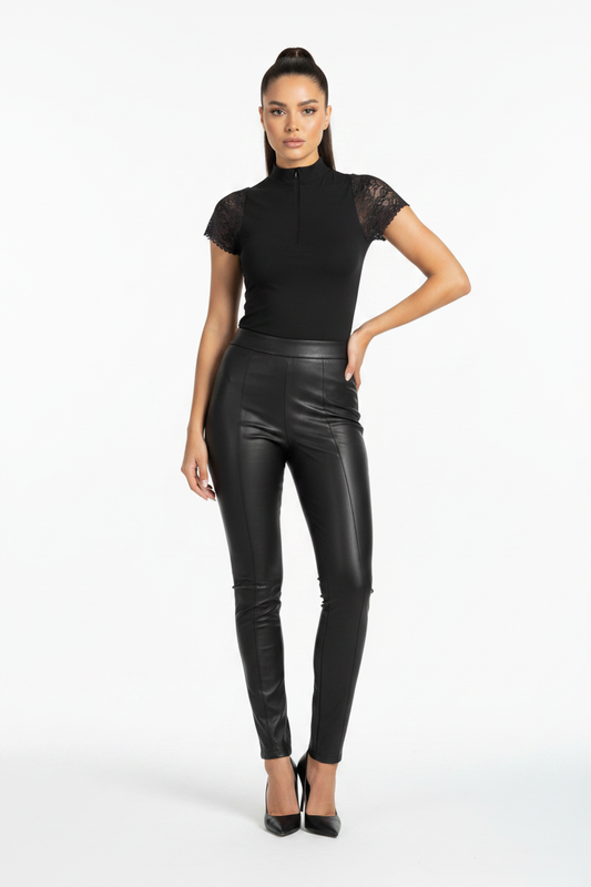 Black Lace Cap Sleeve Mock Neck Top on model