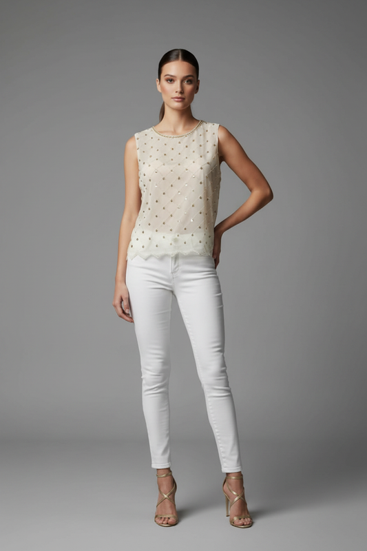 Modelo con Blusa Bordada Marfil Elpis y jeans blancos