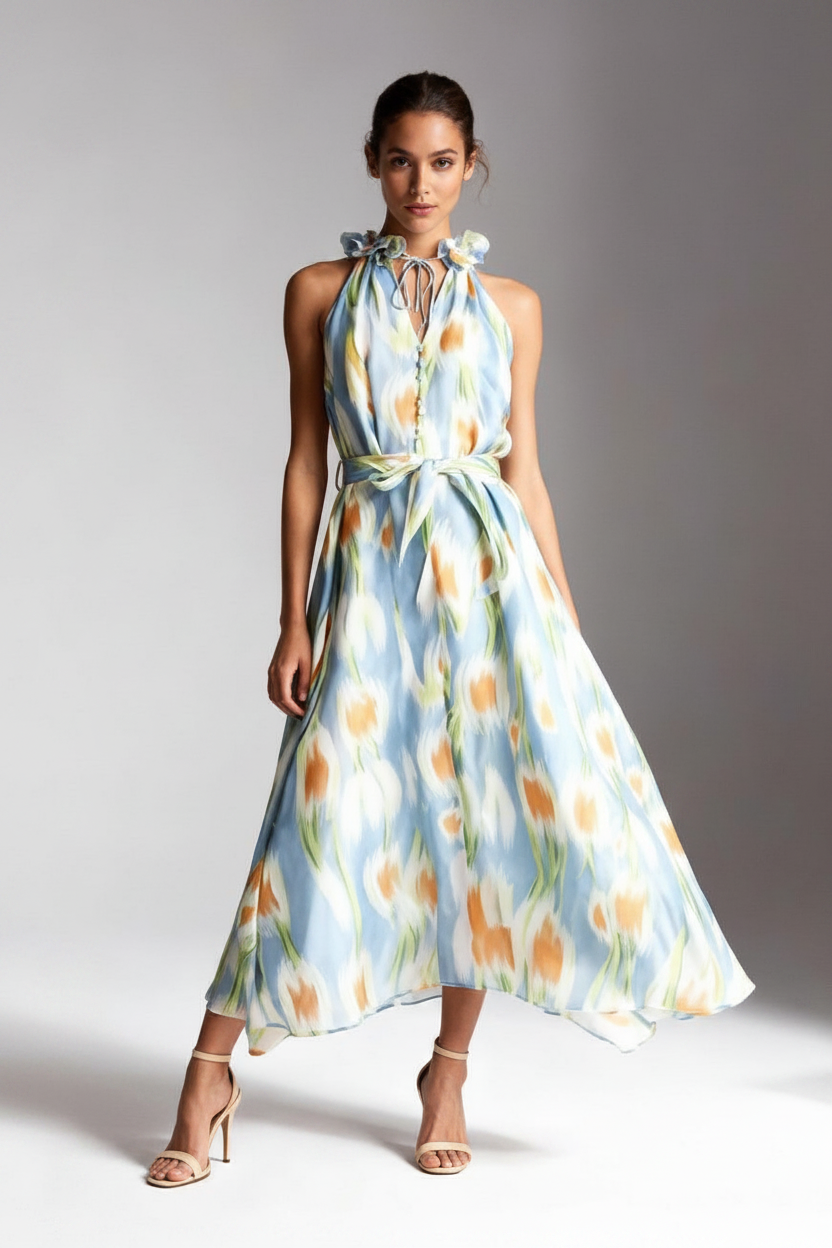 Model wearing Elpis Floral Halter Midi Dress in sky blue with yellow floral print