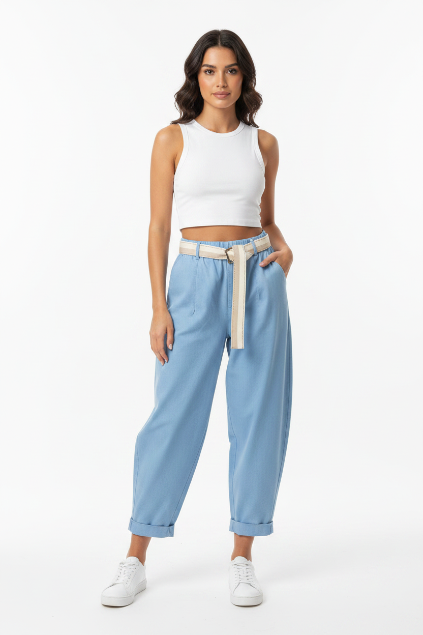 Light Blue Barrel Leg Full Length Ankle Pants on Model