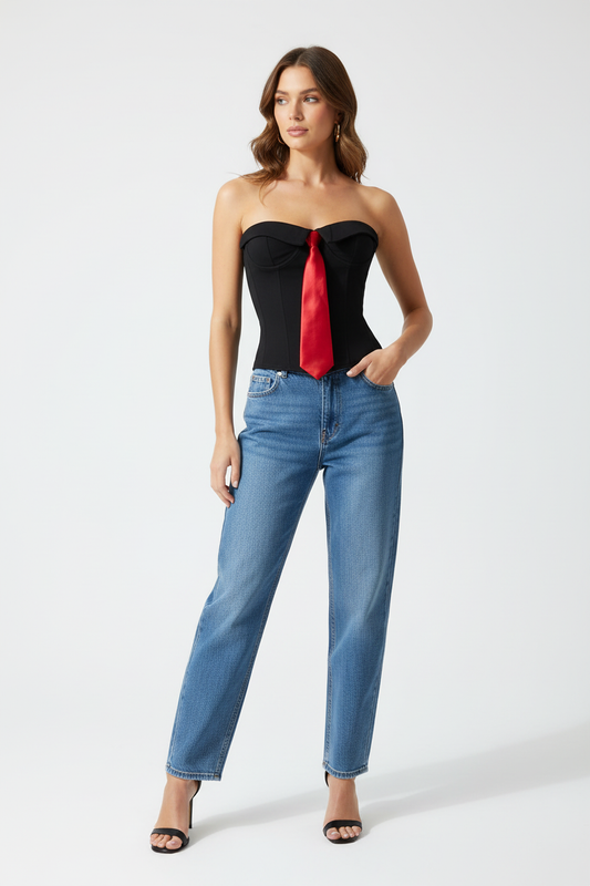 Modelo con Corset Negro y Corbata Roja Corta