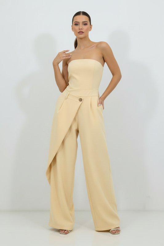 Pastel Yellow Strapless Wide Leg Jumpsuit on Model