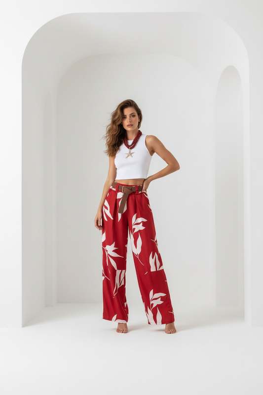 Red Tropical Barrel Pants Elegant Editorial