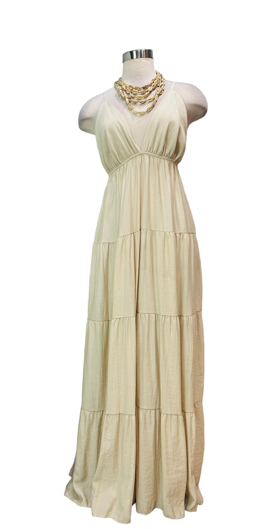 Vestido Maxi Beige Escote V - Elegante y Versátil