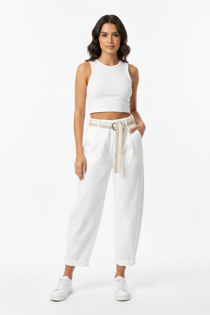 White Barrel Leg Full Length Pants on Model